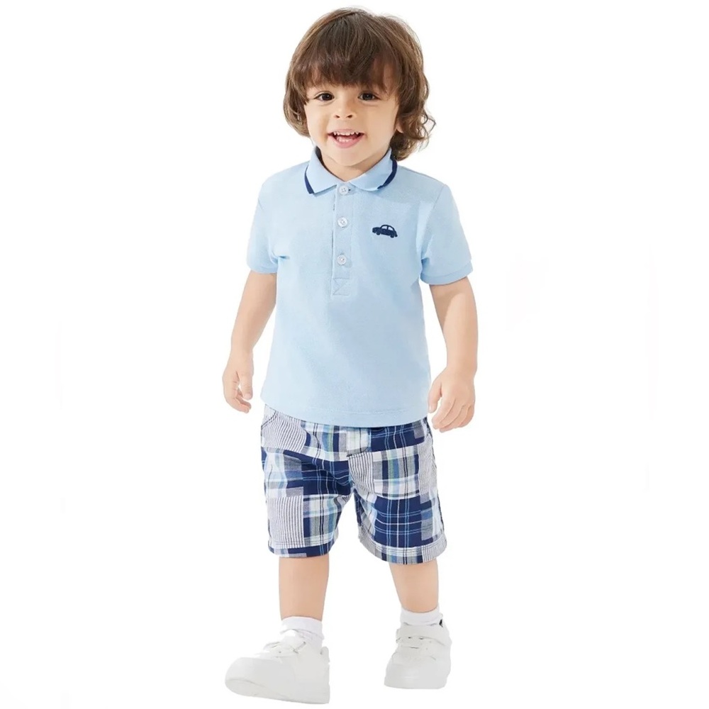 👕🩳Little Me Sky Blue Polo Shirt short set for Kids